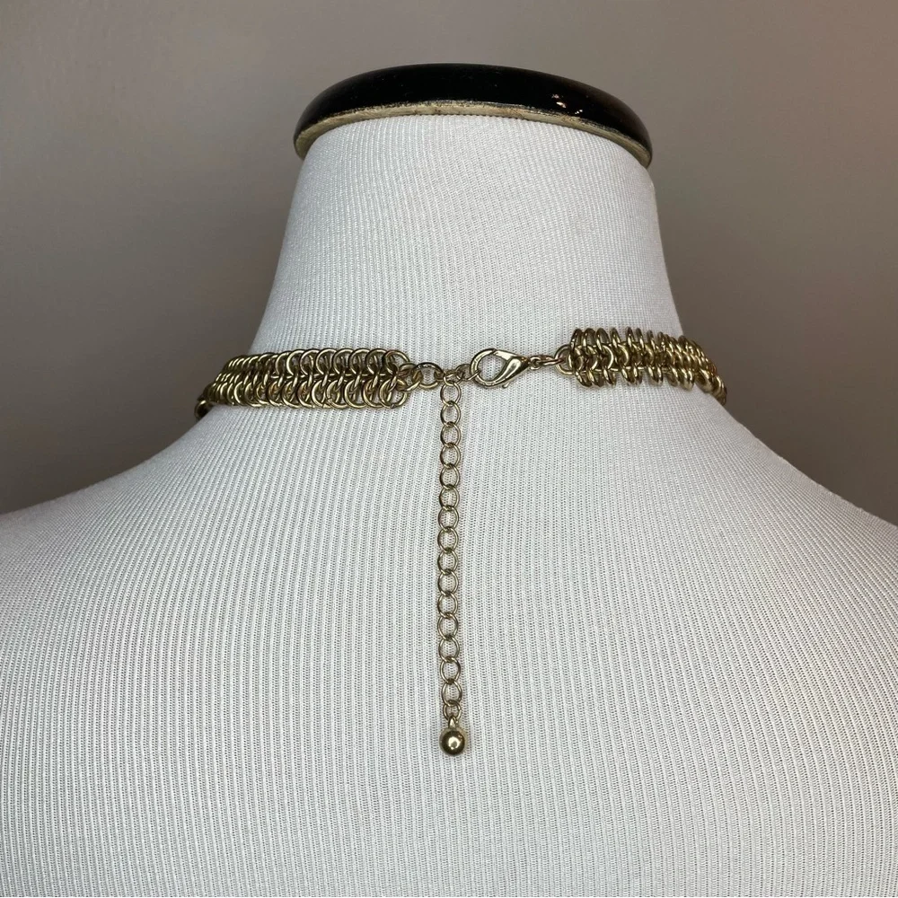 Gold Tone Floral Bib Necklace with Blue and Grey Accent Flowers - Picture 4 of 5